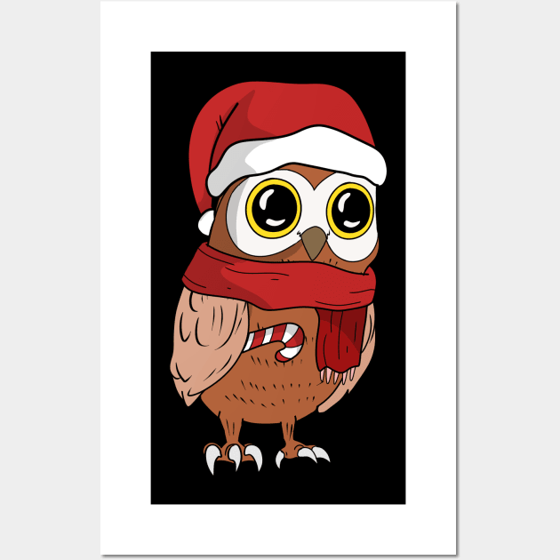 Owl Christmas Holiday Shirt with Santa hat and candy cane for bird lovers Wall Art by TheBeardComic